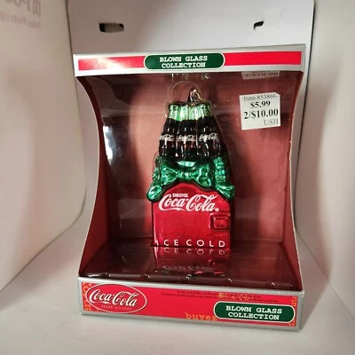 COKE ORNAMENT COCA COLA BLOWN GLASS RED COOLER GREEN BOW 6 BOTTLES CHRISTMAS - Image 1 of 4