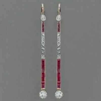 Art Deco Style 3Ct Lab-Created Diamond& Ruby Engagement 14k Gold Plated Earrings - Image 1 of 4