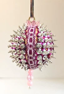 VTG Beaded Sequin Push Pin Christmas Ornament 70s MCM Mod Handmade OOAK Pink 6 - Picture 1 of 10