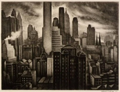 New York Skyscrapers Howard Norton Cook 1931 American Wood Engraving Art Print - Image 1 of 2