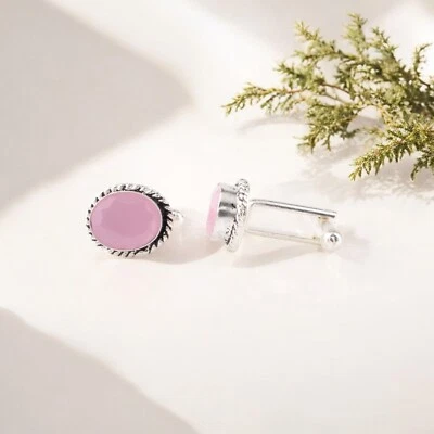 Rose Chalcedony Gemstone 925 Sterling Silver Handmade Jewelry Cufflinks For Him - Image 1 of 4