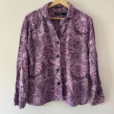 Top de pijama mediano Lauren Ralph Lauren etiqueta negra púrpura cachemira abotonada Foto 1 de 4