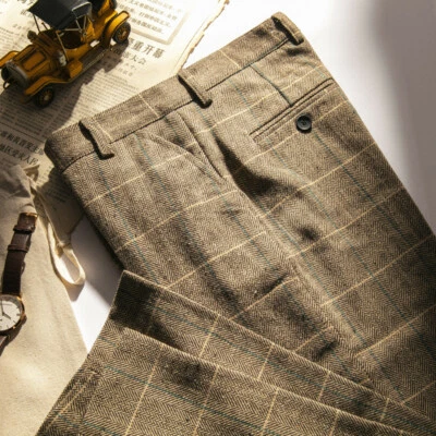 Mens Claasic Yellow Plaid Herringbone Suit Pants Wool Blend Retro Winter Pants - Image 1 of 4
