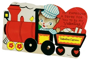 1950s MechanicalCard Blue Eye Cat Valentine Express Steam Engine Train Conductor - Picture 1 of 5