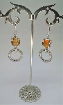 ORECCHINI ARGENTO 925 PENDENTI CERCHIO QUARZO CITRINO ZIRCONI T DIAMANTE DONNA - Immagine 1 di 3