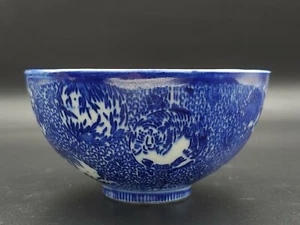Antique Japanese Edo Blue And White Porcelain Hand Painted Forest Tiger Art Bowl - Picture 1 of 17