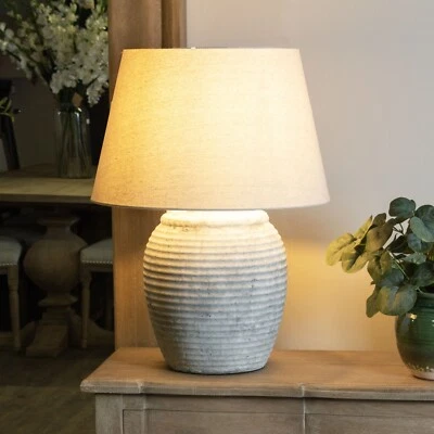 Large Stone Lamp Table, Bedside Rustic with Linen Shade Ribbed Heavy Light Grey - Image 1 of 4
