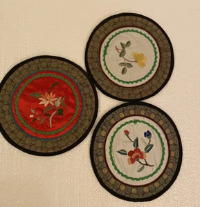 Antique Asian Embroidered Silk & Cotton Chinese Art textile Vtg Floral Flower - Picture 1 of 9