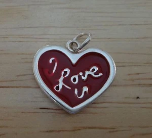 1 Sterling Silver 15x17mm Red Enamel Heart says I Love You Valentine's Day Charm - Imagen 1 de 3