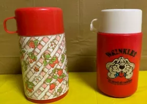 Wrinkles The Dog Thermos 1984 & 1981 Strawberry Shortcake Thermos - Picture 1 of 11
