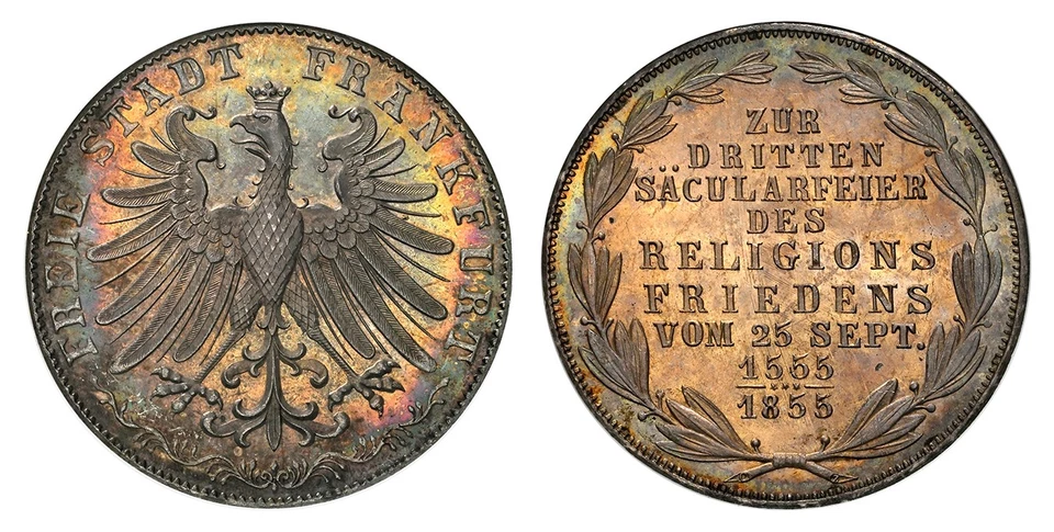 GERMAN ST. Frankfurt Am Main. 1855 AR 2 Gulden. NGC MS67 Dav.-647 - Image 1 of 1
