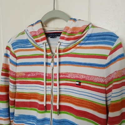 Tommy Hilfiger Sudadera BANDERA Cremallera Completa Sudadera con Capucha Arco Iris Rayas Para Mujer Mediana * Foto 1 de 4