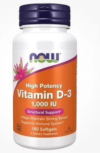 NOW Foods Vitamin D-3 1,000IU 180 Softgels, Strong Bones, Immune System Support - Picture 1 of 4
