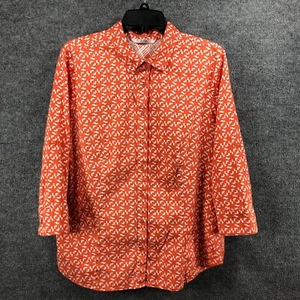 COMO Button Up Women's Size XL Orange White Roll Tab Sleeves V-Neck Collared - Picture 1 of 10