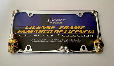 SKULL Gold/Chrome Metal License Plate Frame. Fits On Car, Truck Front Or Rear - Image 1 of 2