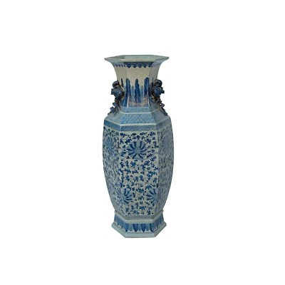Vintage Chinese Off White Blue Flower Graphic Hexagonal Porcelain Vase ws3533 - Image 1 of 4