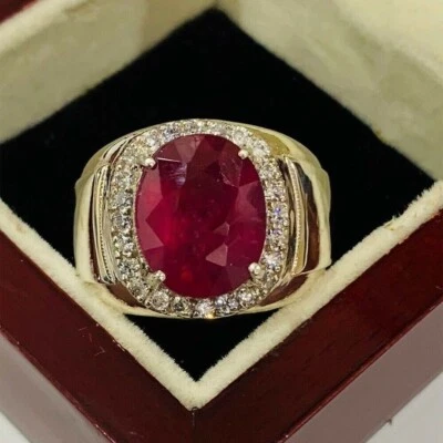 Anel de noivado masculino halo em ouro amarelo 18K oval 2,70 CT rubi natural e diamante - Imagem 1 de 4