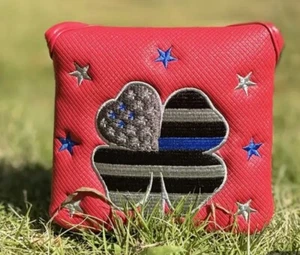 Red Mallet Head Cover w/ Thin Blue 4 Leaf Flag w/ Stars, Embroidery, Magnetic - Picture 1 of 5
