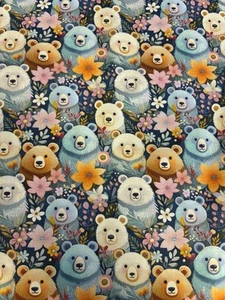 2.5 Metres Vibrant Bears Floral Printed Cotton Craft Quilt Dress Fabric - Picture 1 of 5