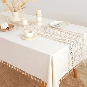 Mantel vintage hecho a mano de ganchillo lino algodón macramé borla mantel c... - Imagen 1 de 4