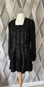 Kate Moss Vintage Topshop Jet Black Sequin Stripe Party Mini Dress 8 36 NWOT - Picture 1 of 7