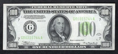 FR. 2152-G 1934 $100 LGS LIGHT GREEN SEAL FRN CHICAGO, IL ABOUT UNCIRCULATED - Image 1 of 2