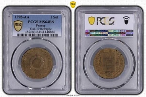 France Sol à la balance 1793 AA Metz (refrappe) PCGS MS64 BN monnaie bronze - Imagen 1 de 3