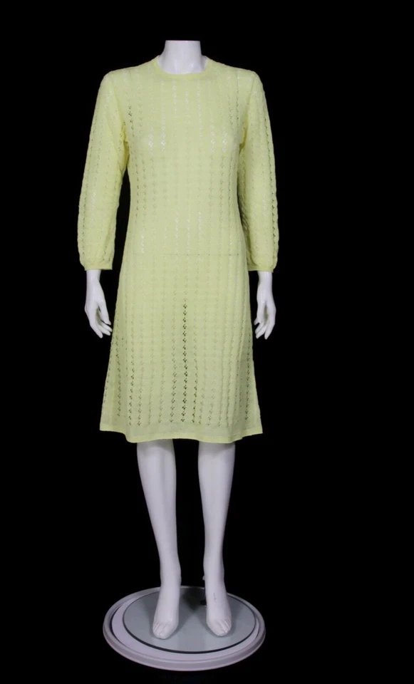 Vestido de sol vintage años 70 tejido ganchillo amarillo neón peekaboo manga larga mod talla M 852 Foto 1 de 4
