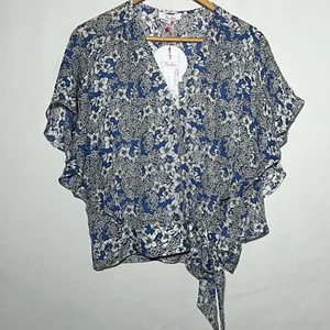 Parker 100% Silk Floral Wrap Tie Front Blouse Blue/White Women’s Size S - Picture 1 of 7