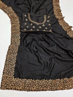 Blusa Mehandi cor verde Vichitra mistura de seda bordada pedra trabalho saree com blusa - Imagem 1 de 4