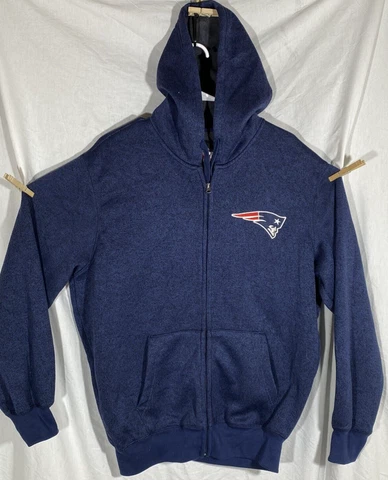 New England Patriots Full Zip Hooded Jacket Mens Medium Blue Double Sided Pocket Cover