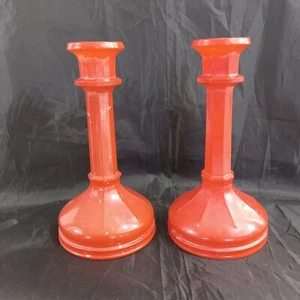 Unbranded Glass Painted Orange Taper Candlesticks VTG Pair 7" High - Picture 1 of 7