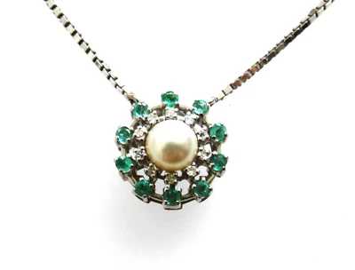 Edler 585 Weißgold Anhänger mit Smaragd & Diamanten an 585 Gold Kette - Bild 1 von 4