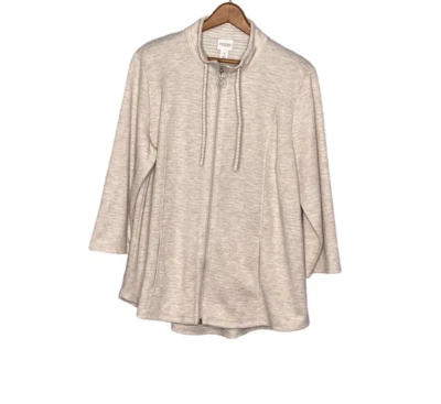 Chaqueta tejida Chico's 2 fines de semana beige crema brezo rayas cremallera completa grande L 12 Foto 1 de 4