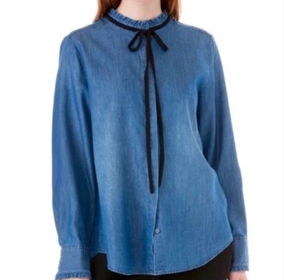 Camisa Kensie Jeans Denim Volantes Cuello Atado Abotonada Talla S Manga Larga Azul Foto 1 de 4