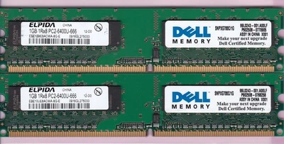 2GB 2x1GB PC2-6400 ELPIDA EBE10UE8ACWA-8G-E DELL SNPXG700C/1G DDR2-800 RAM KIT - Image 1 of 2