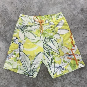 Hinano Tahiti Board Shorts Mens 33 Green Yellow Floral Swim Trunks Surf Tropical - Picture 1 of 8