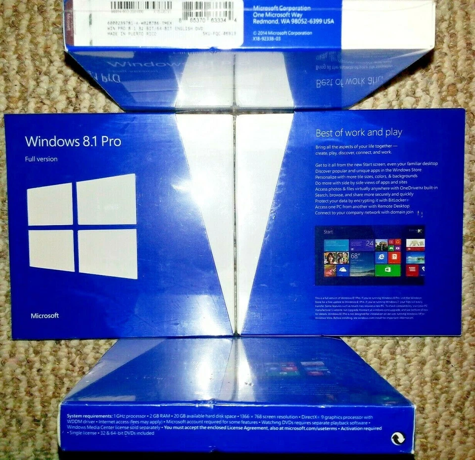 Microsoft Windows 8.1 Pro,Full,SKU FQC-06913,Sealed Retail Package,32-bit,64-bit - Image 1 of 1