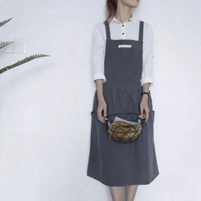 Women Cotton Linen Apron Japanese Wrap Pinafore Cross Back Art Housework Cooking - Image 1 of 4