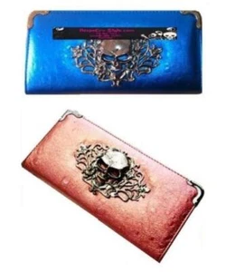 Large 3D Skull Bling Metallic Blue Rust Red Wallet - Picture 1 of 9