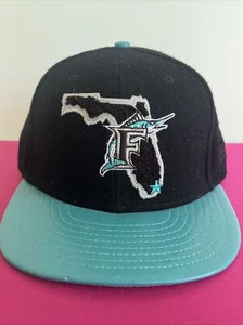 RARE VINTAGE Florida Marlins Hat Cap Fitted Mens 7 1/8 Black Teal New Era MLB - Picture 1 of 10