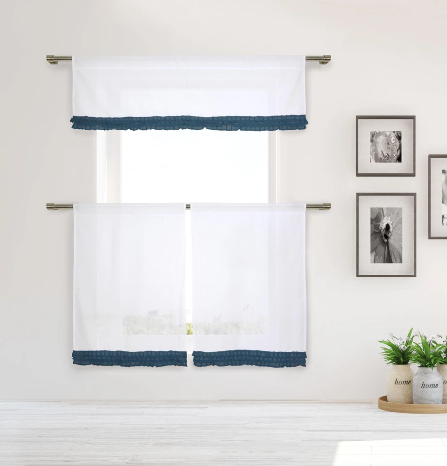 Juego de cortinas de algodón Shabby Chic gris 3 piezas azul plisado volantes cenefa, niveles de 36" Foto 1 de 1