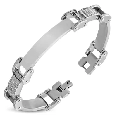 Pulsera de acero inoxidable tono plata eslabón ID para hombre Foto 1 de 2