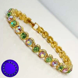 Vintage Green Uranium & AB Rose Pink Glass Crystal Tennis Bracelet Gold Tone - Picture 1 of 6