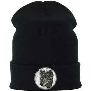 WOLF Strickmütze Wolfskopf Premium Wintermütze Wolfshund Beanie Mütze schwarz - Picture 1 of 7