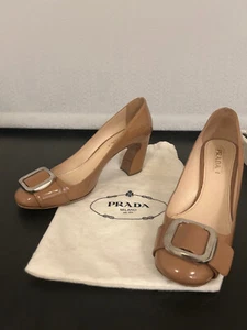 Prada Beige Patent Leather Block Heel Square Toe Pumps Size 41 - Picture 1 of 4