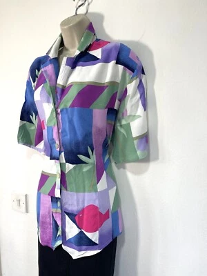 Blue purple white blouse short sleeve Shirt size 16 — 第 1/4 张图片