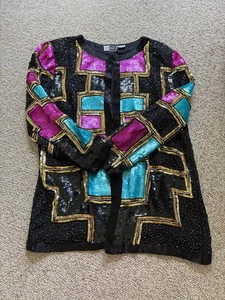 Vintage 80s Carina Sequin Beaded Silk Jacket M/L | Geometric Art Deco Glam Party - Picture 1 of 12