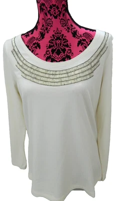 Blusa Pamela Dennis Private Client Group marfim frisada gola redonda Y2K média - Imagem 1 de 4