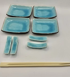 Aqua Blue Sushi Plates W/Chopstick Rests Stoneware 4 Piece Set - Picture 1 of 6
